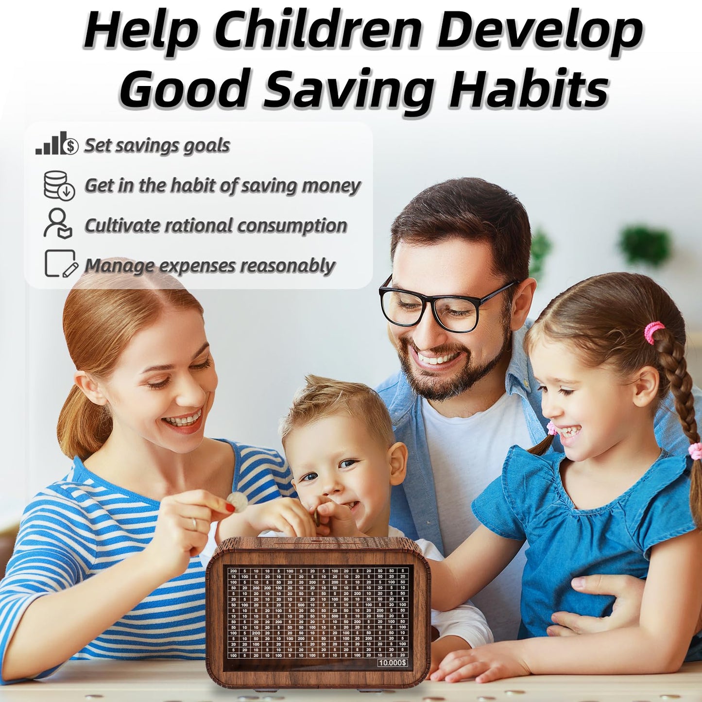 4-In-1 Piggy Bank For Adults Kids - Fully Assembled Wooden Money Saving Challenge Box($1000/$3000/$5000/$10000) - Money Bank Wit