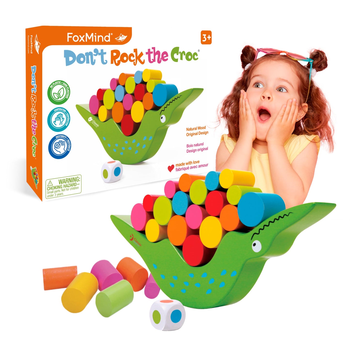 FoxMind Games Don't Rock The Croc Board Game, Multiplayer Fun for Kids 3-5, Wood, Einheitsgröße, Green/Red/Yellow/Blue