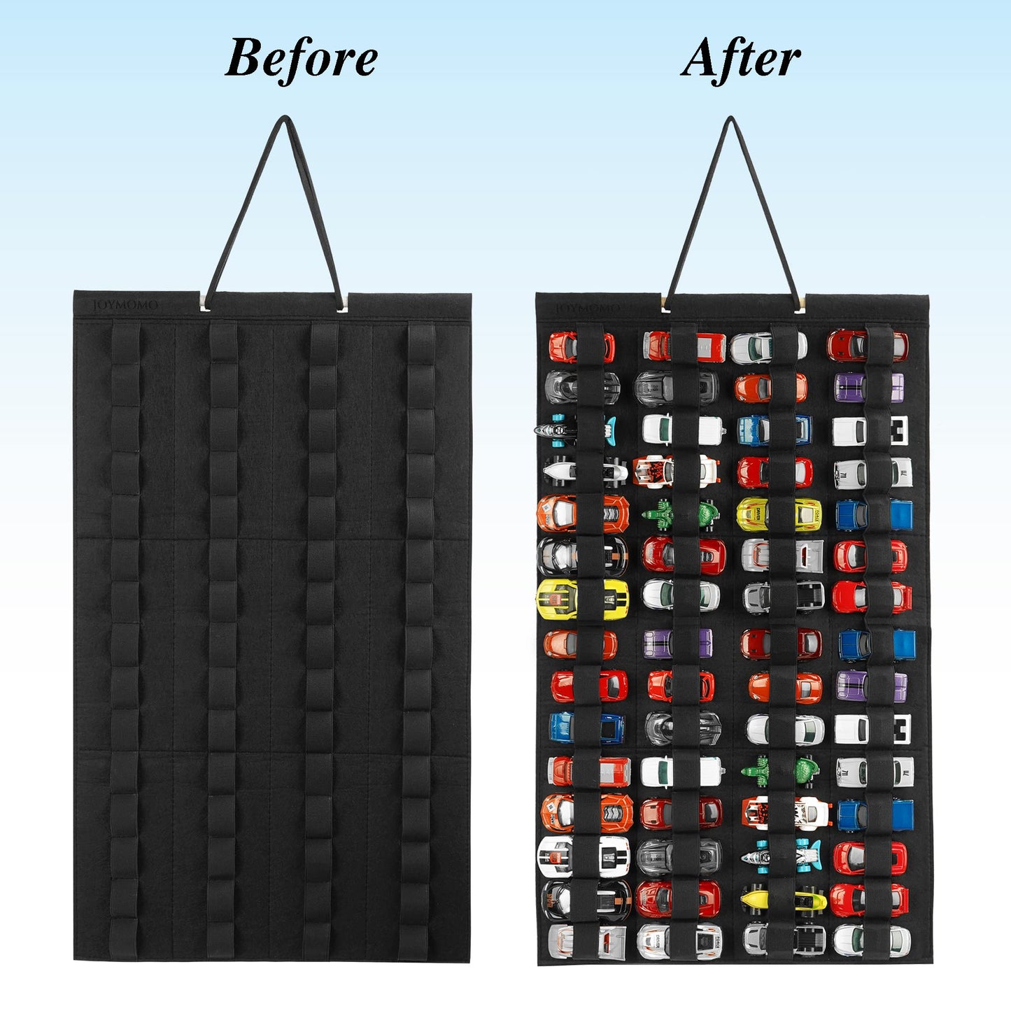 Joymomo Hanging Storage Organizer For Toy Cars Felt Display Case Hold Up 60 Toy Cars (Without Accessories)(Black)