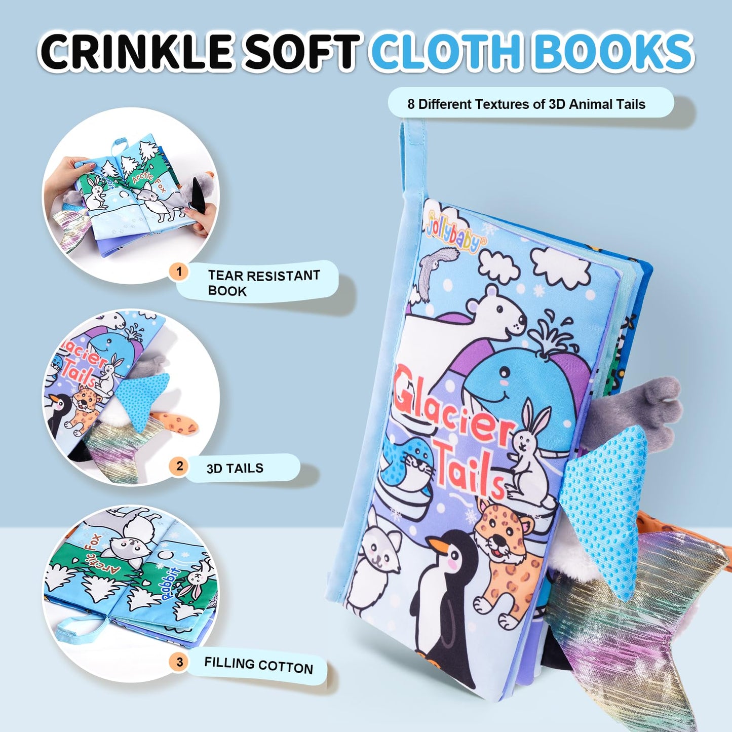 Jollybaby Baby Cloth Books, Touch & Feel Crinkle Soft Books, For Infants Babies, Toddler Early Educational Interactive Stroller Toys, Baby Girl & Boy Gift(Glacier Tails)