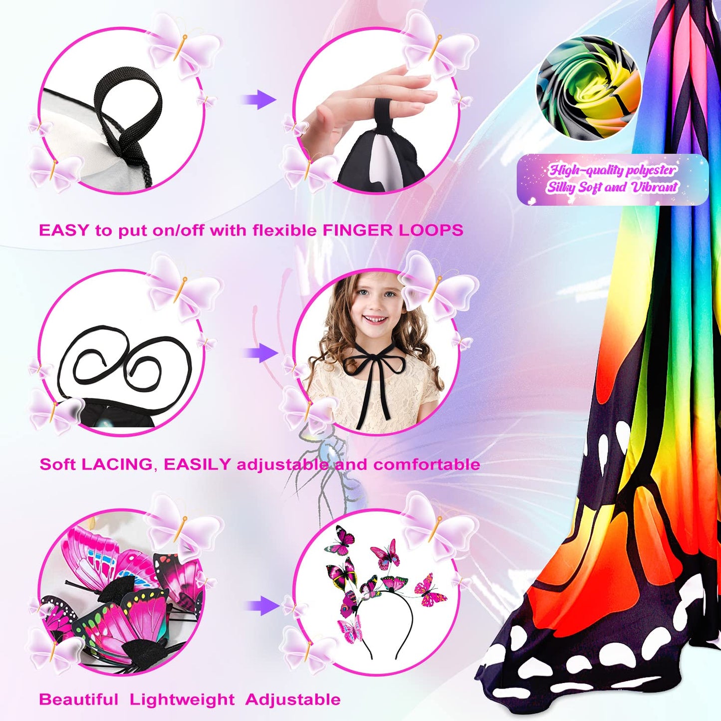 LYL. Ling Halloween Costumes for Kids  Double-Sided Butterfly Wings  Butterfly Costume for Girls  3PCS Fairy Wings Set.