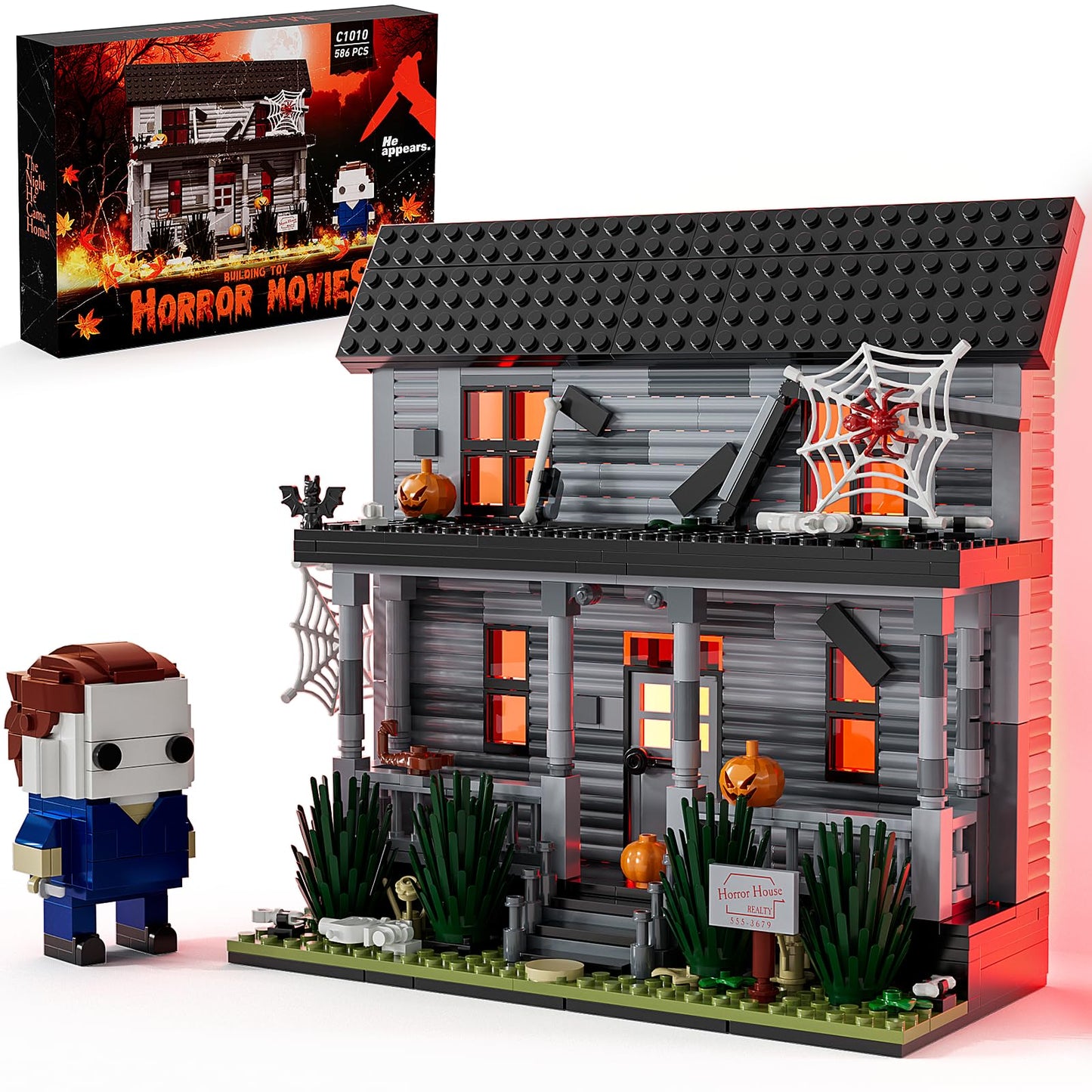 Horror Movie Figure & Haunted House Building Blocks Kits with Led Light for Halloween Decor Compatible for Lego, Collectible Dec