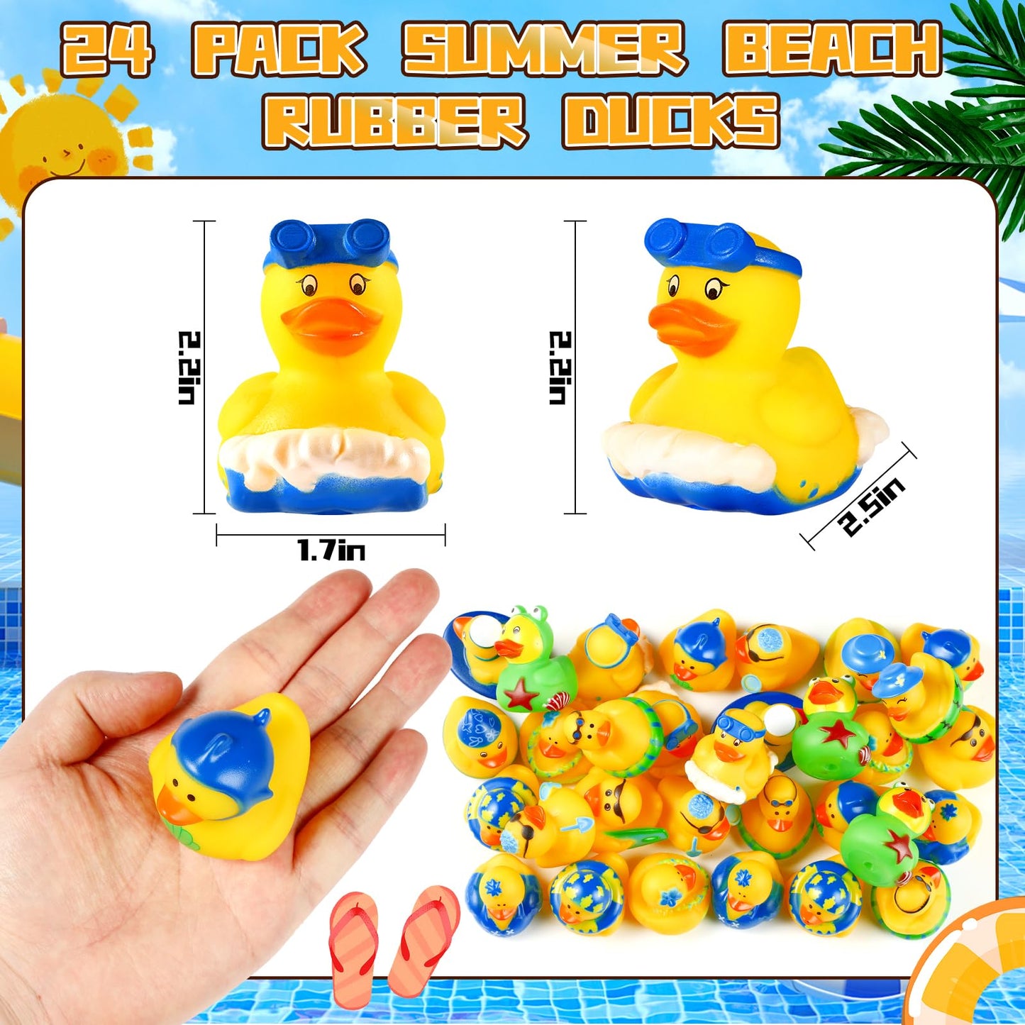 SCIONE 24Pack Summer Rubber Ducks Party Favors, Assorted Beach Rubber Ducks with Net Bag for Pool Beach Toys,Summer Birthday Gif