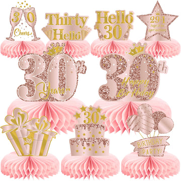 9Pcs 30Th Birthday Decorations Pink Rose Gold Honeycomb Centerpieces For Women,Happy 30Th Birthday Table Centerpieces Party Supp