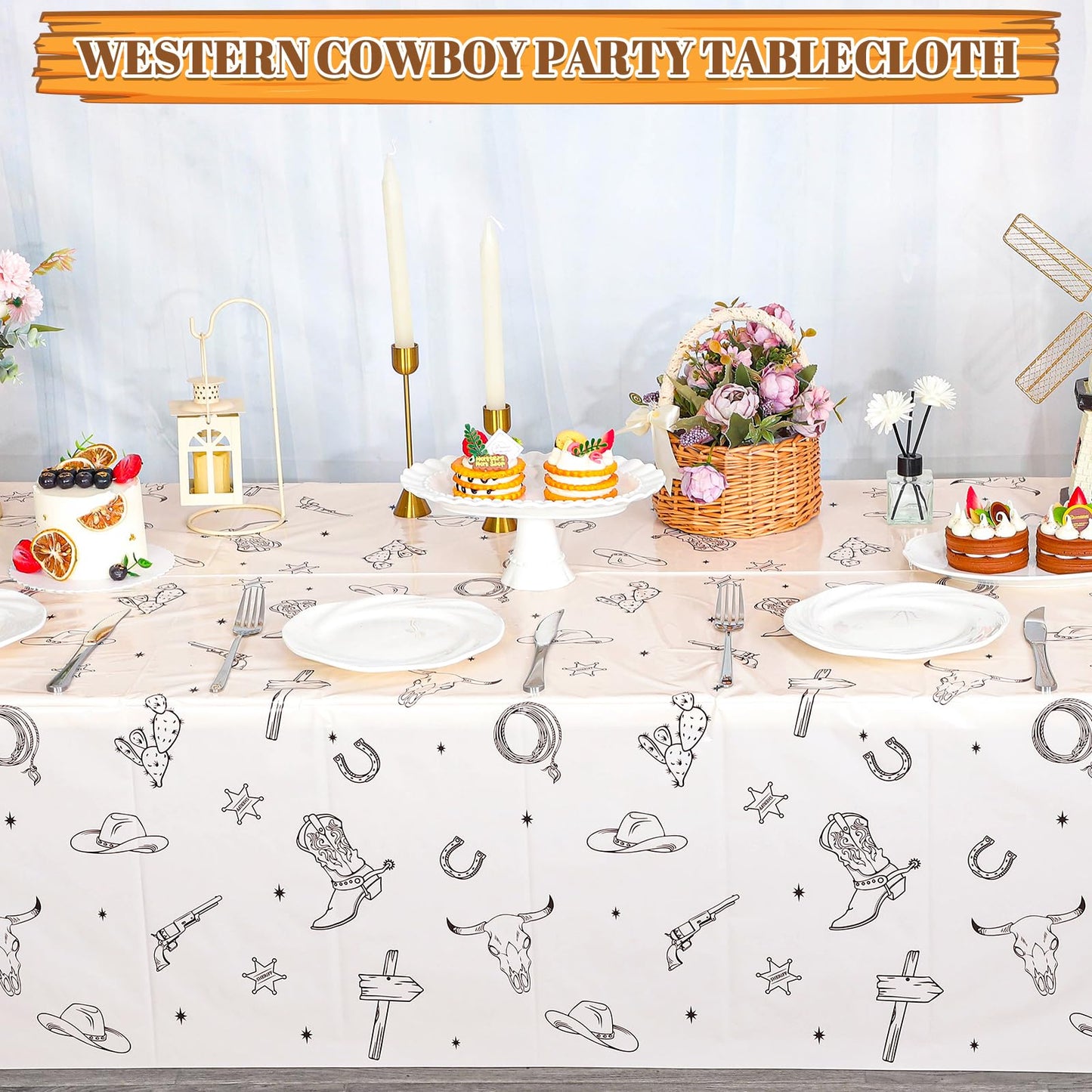 NatNarr 3 Pack Western Cowboy Party Decorations Tablecloth, 54 X 108Inch Rodeo Table Covers Disposable Cowboy Table Cloth Waterp