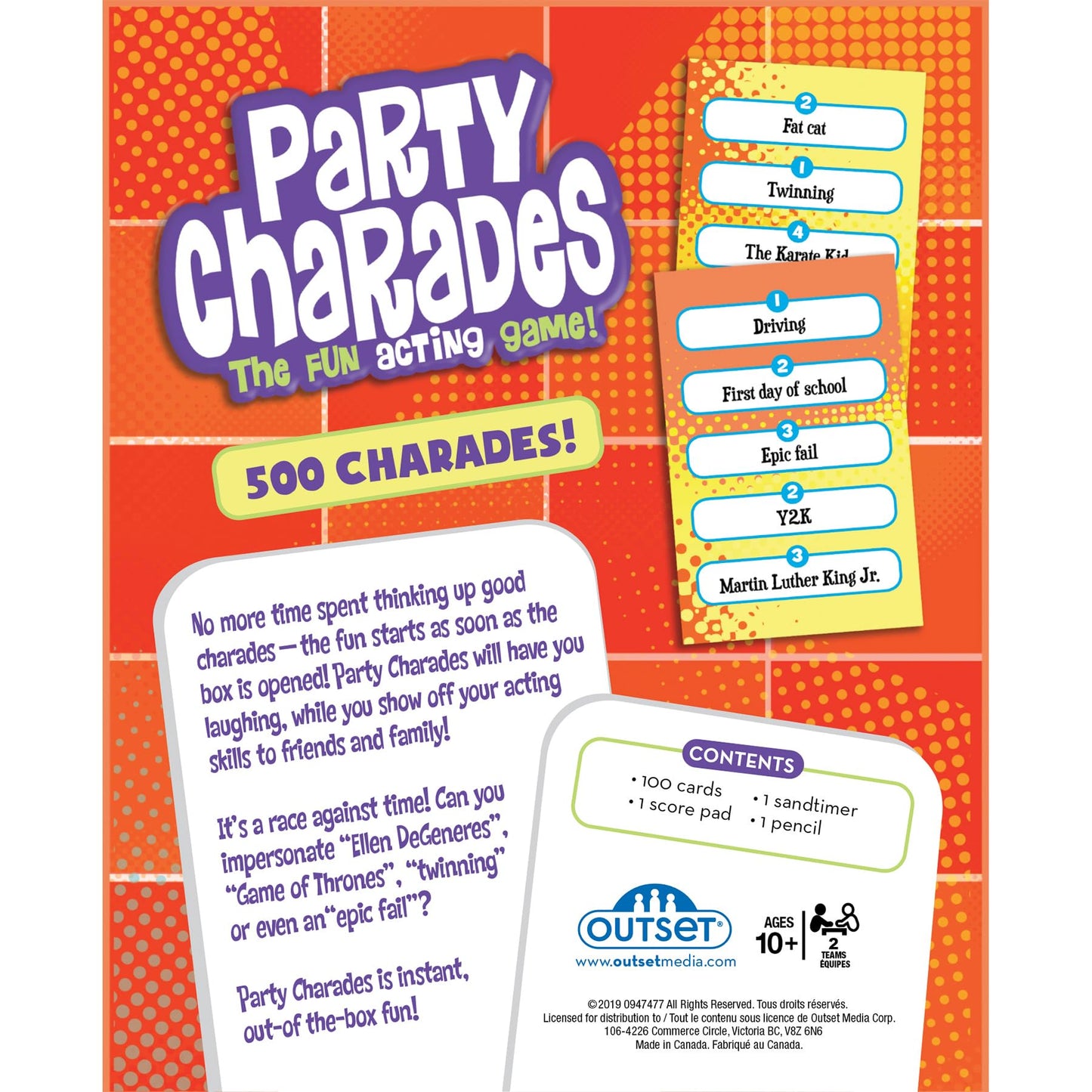 Outset Party Charades Game - 500 Cards, Timer Included, Family-Friendly Fun, Ages 10+, Orange, Model 11152