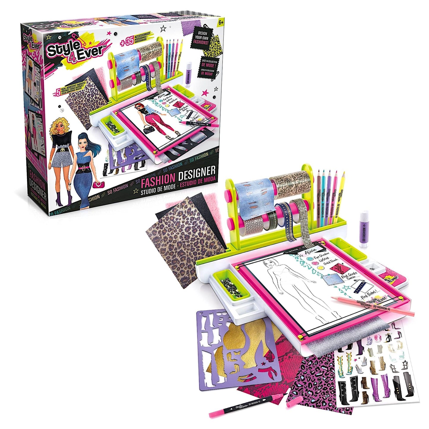 Style 4 Ever OFG 232 Fashion Designer Studio, Real Adhesive Fabrics, Design from Scratch, Stickers, Gems, Pencils, Gluestick + S