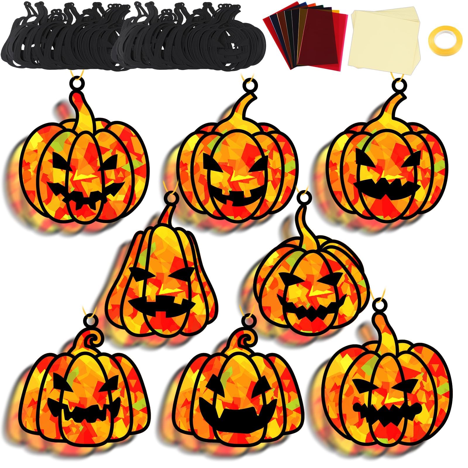 32 Sets Fall Halloween Pumpkin Suncatchers Craft Kit DIY Window Stained Glass Effect Halloween Pumpkin Paper Craft Home School C