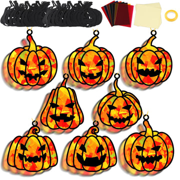32 Sets Fall Halloween Pumpkin Suncatchers Craft Kit DIY Window Stained Glass Effect Halloween Pumpkin Paper Craft Home School C