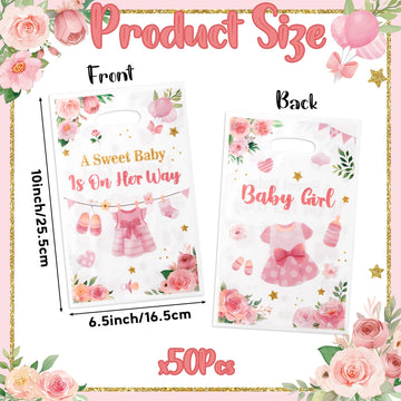 ArianQicult 50Pcs Pink Floral Baby Shower Party Favor Bags, A Sweet Baby is on Her Way Goody Treat Bags, Its a Girl Pink Plasti