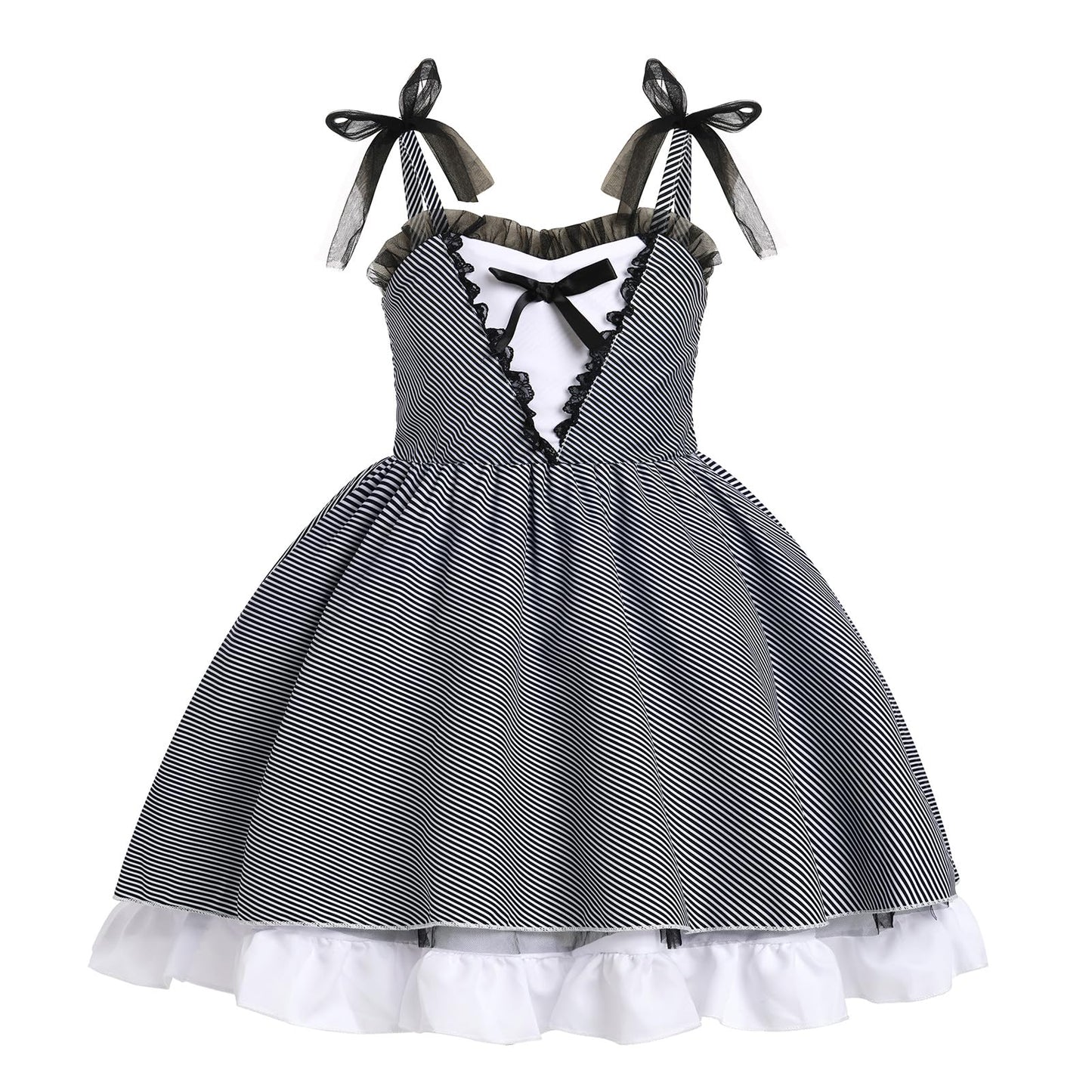 Kids Girls Halloween Costume Black and White Green Striped Stripes Block Ruffle Lace Tulle Dress Up Outfit Toddler Cosplay Fancy