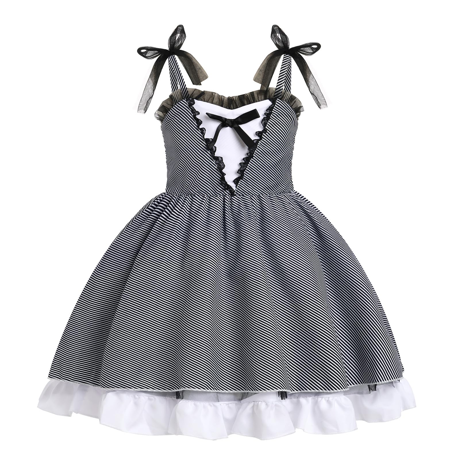 Kids Girls Halloween Costume Black and White Green Striped Stripes Block Ruffle Lace Tulle Dress Up Outfit Toddler Cosplay Fancy