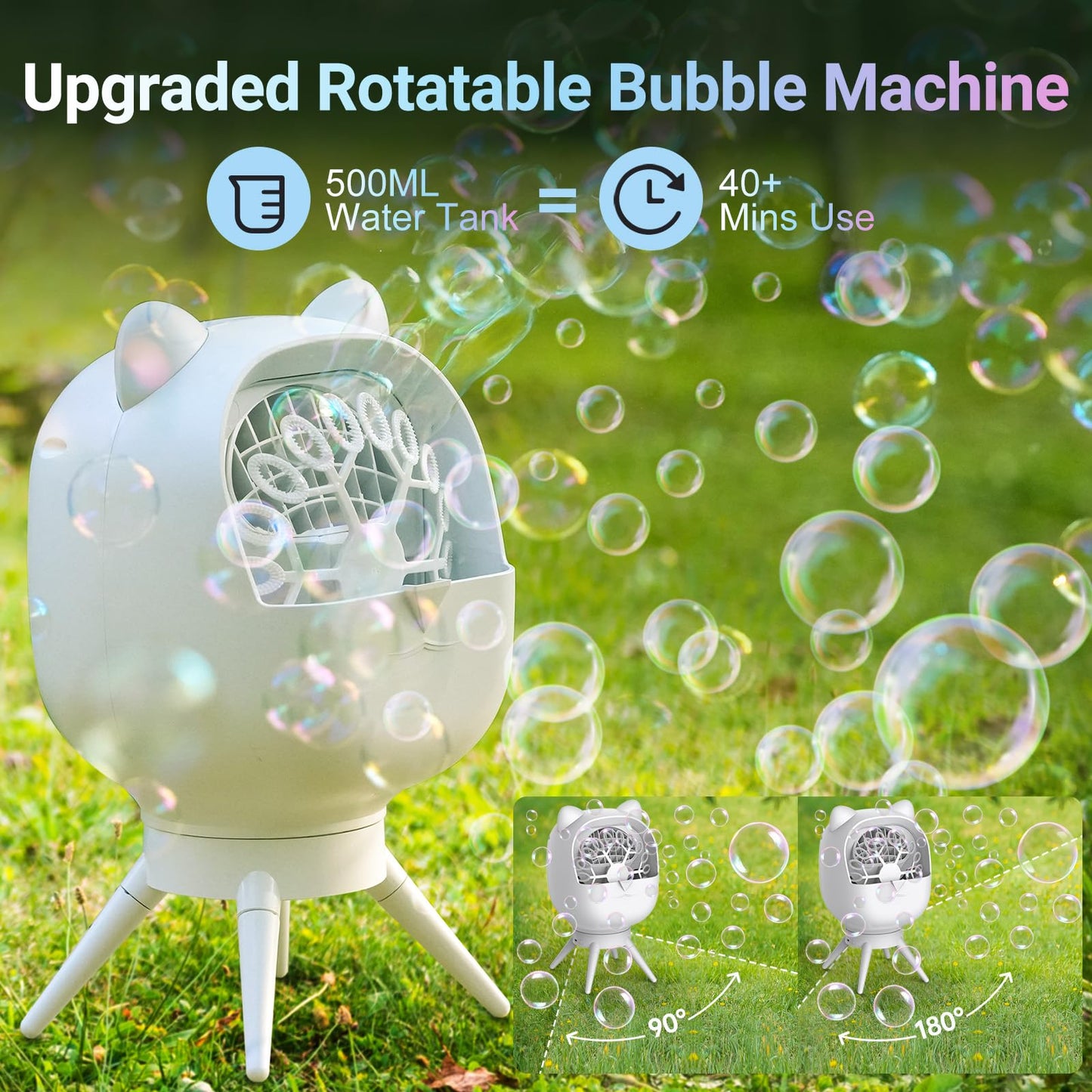 Rechargeable Bubble Machine For Toddlers Kids, Automatic-Rotating, 38000+ Big Bubbles/Min, 2 Speed Modes, Battery Operated, Bubb