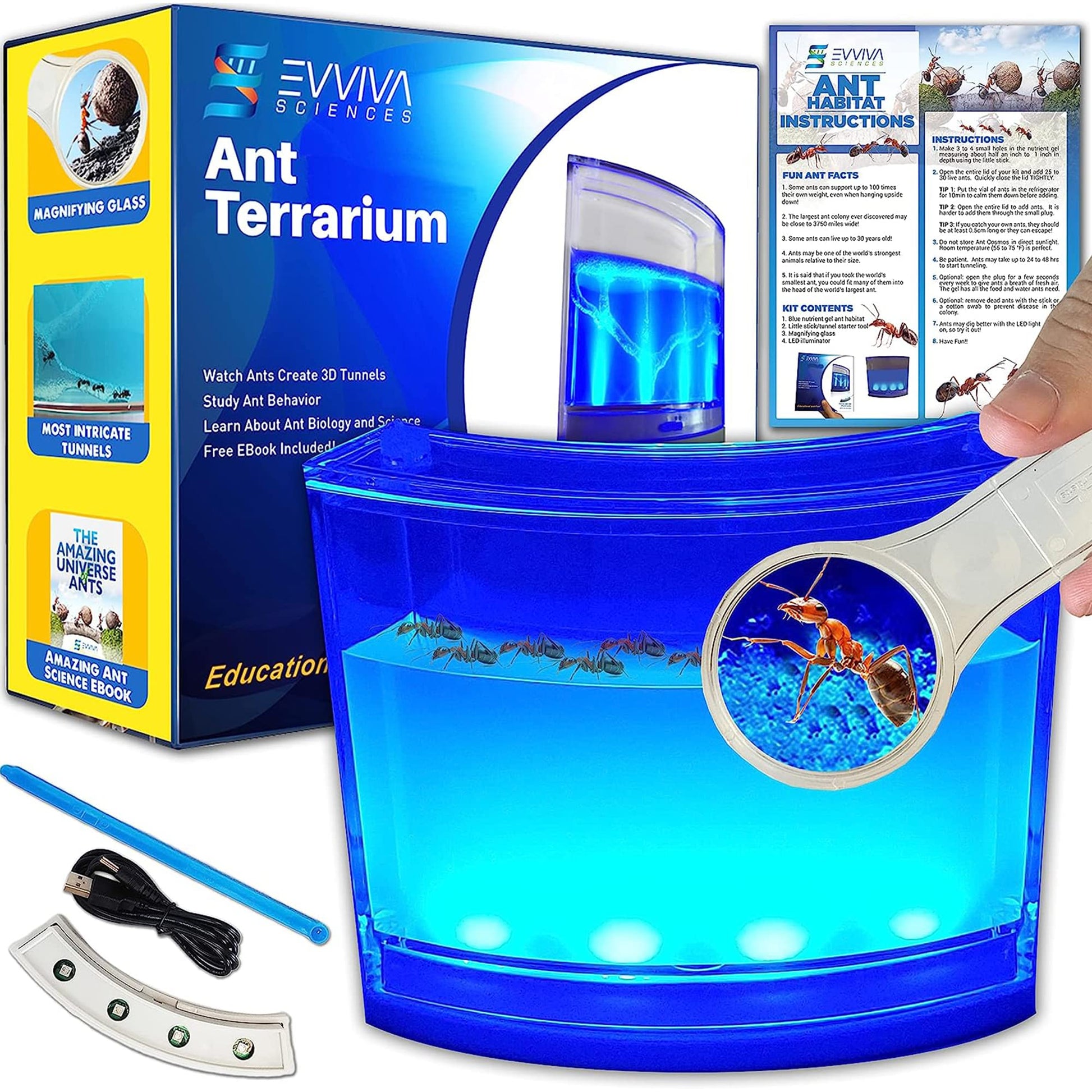Evviva Ant Habitat W/Led Light. Enjoy A Magnificent Habitat. Great For Kids & Adults. Evviva Ant Ecosystem W/Enhanced Blue Gel.