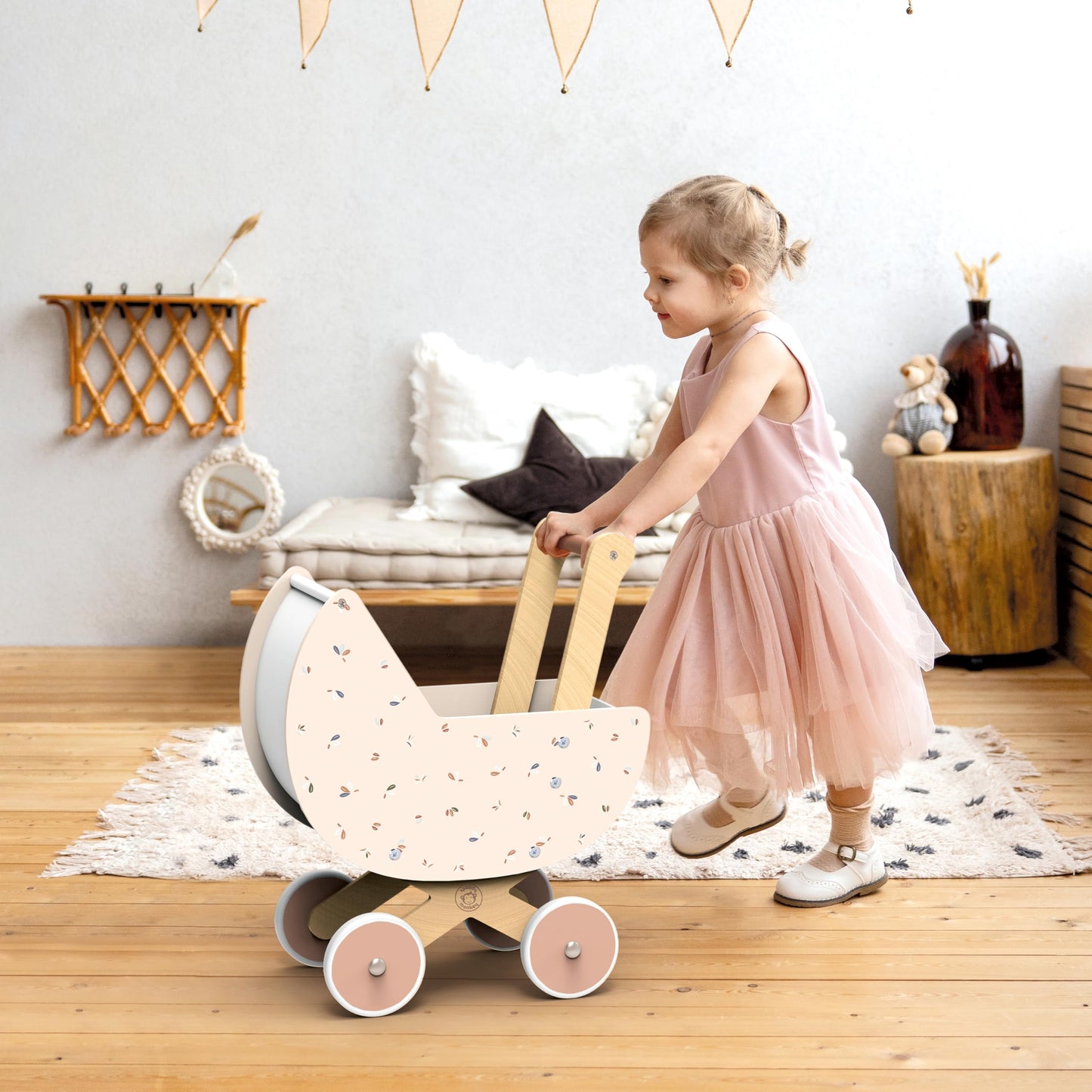 SPEEDY MONKEY Wooden Doll Stroller Pram | Multicolor | 16.93x12.6x12.99 inches | Durable Pretend Play Toy for Toddlers | Model SP