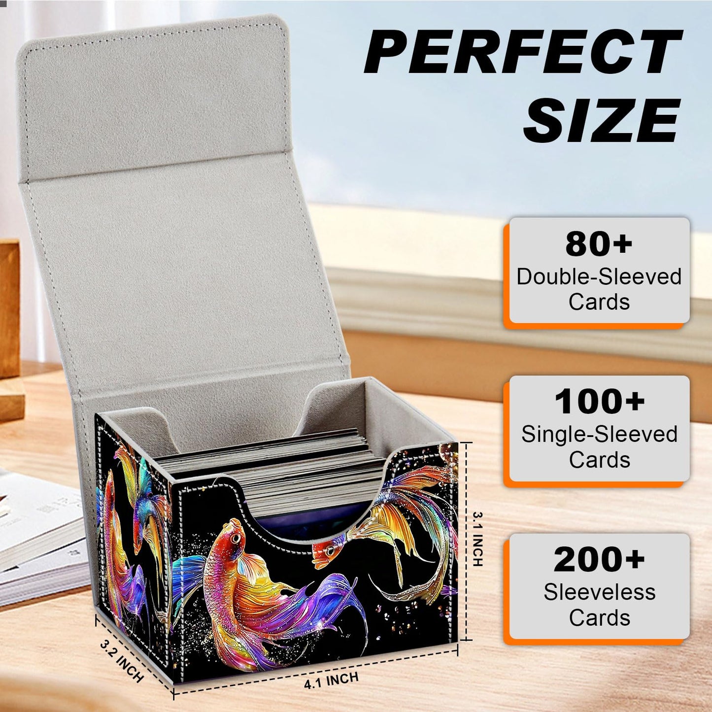 DEGDFSGR Commander Card Game Storage Box for TCG MTG Deck Box Organizer Trading Card Case Magnetic Closure Creative Pattern Up to 200 Cards  Colorful Beautiful Betta Fish