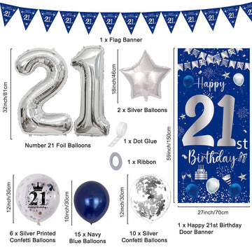 21St Birthday Decorations For Him, Blue Silver Happy 21St Birthday Decorations For Men Boys Door Banner, 32'' Number 21 Foil Bal