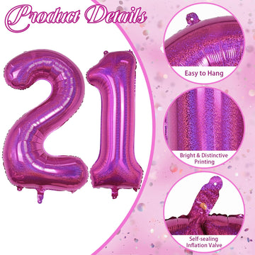 21St Birthday Balloons For Women, Large Laser Hot Pink Foil Number 2 & 1 Balloons, Mylar Bright Pink Self Inflating Helium 21 Ba