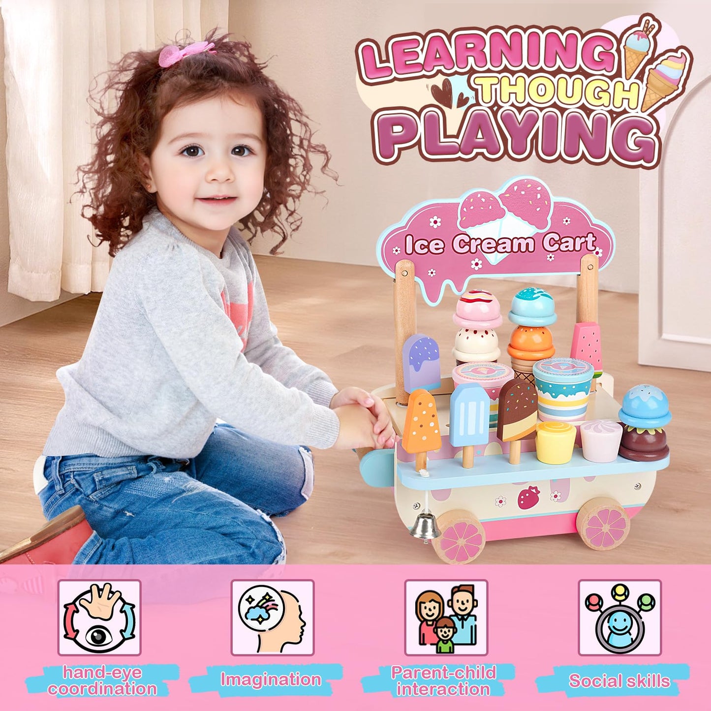 Dreamon Wooden Ice Cream Toys For Kids Toddlers, 48 Pcs Ice Cream Cart Play Kitchen Accessories With Menu, Pretend Money, Wooden