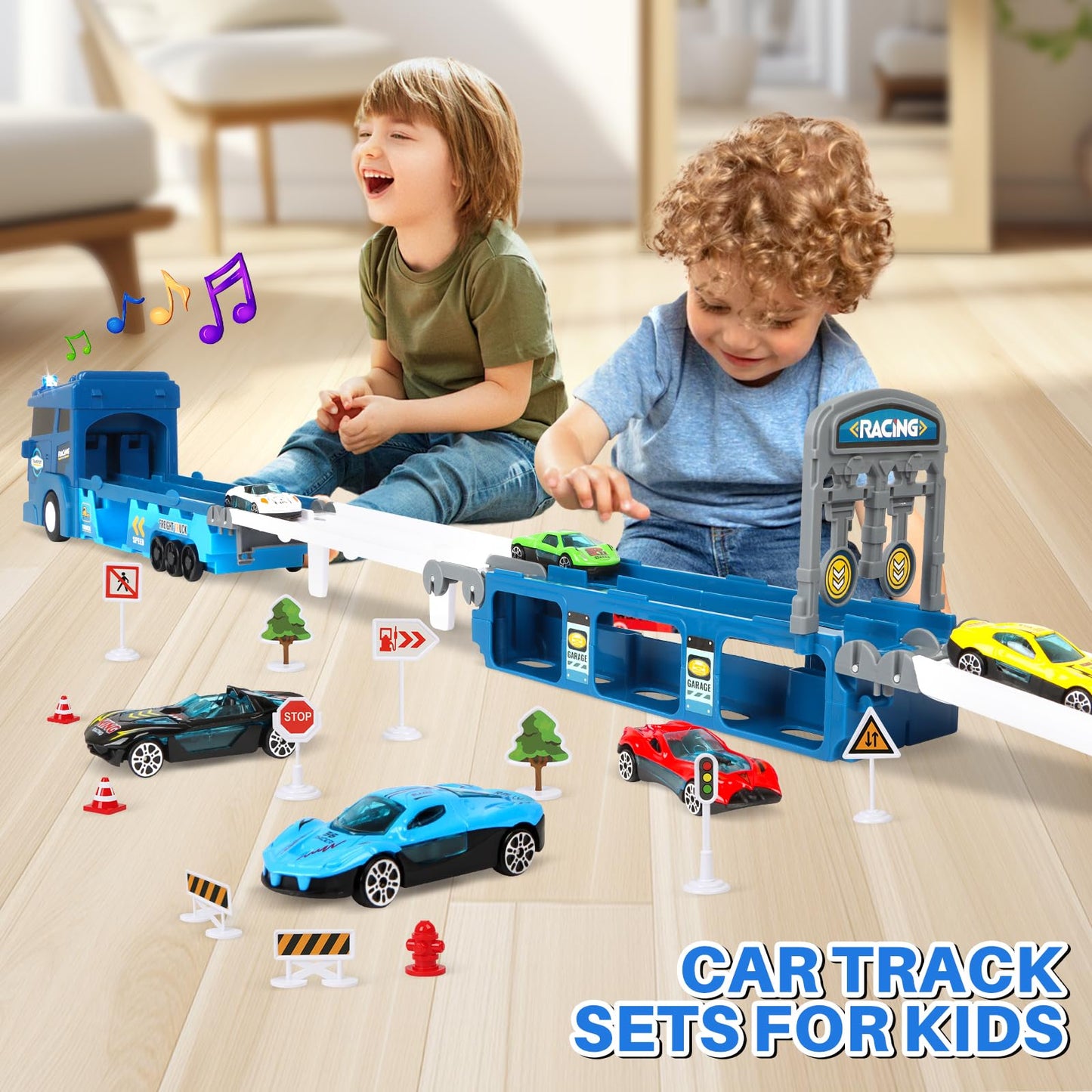 ITEFDTUTNE Carrier Truck Race Car Track Set for Toddlers Toys, 4 FT Race Track and 6 Die-Cast Toy Cars, Truck Toy with Lights &