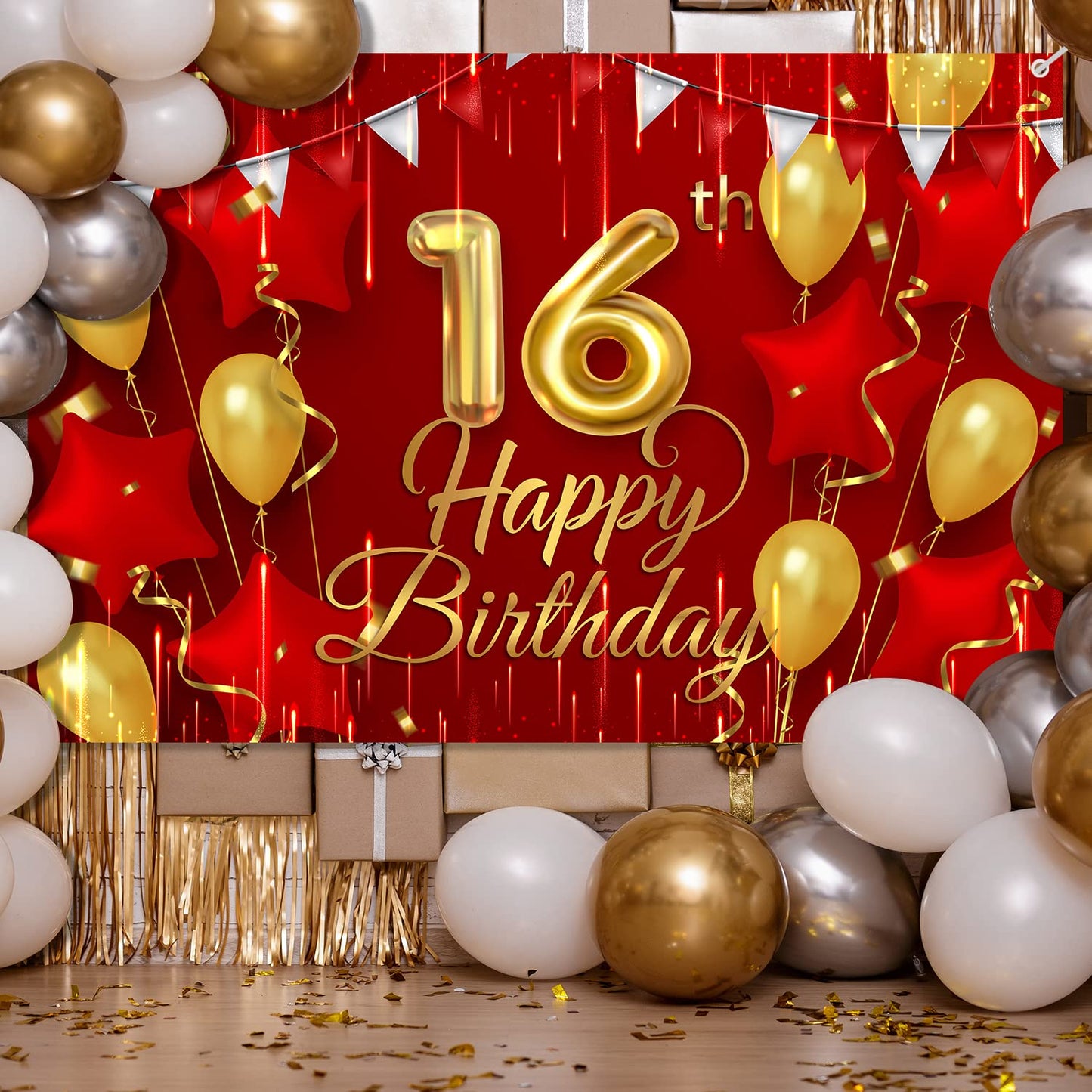 NC 16th Birthday Backdrop Banner Decorations Red and Gold for Boys Girls Happy 16 Years Old Bday Background Photography Party De