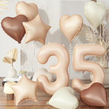 Large 35 Balloons Nude, Foil Brown Cream Apricot Beige Tan Number 35 Balloons Decor, Helium Sand White Taupe Neutral Heart Star