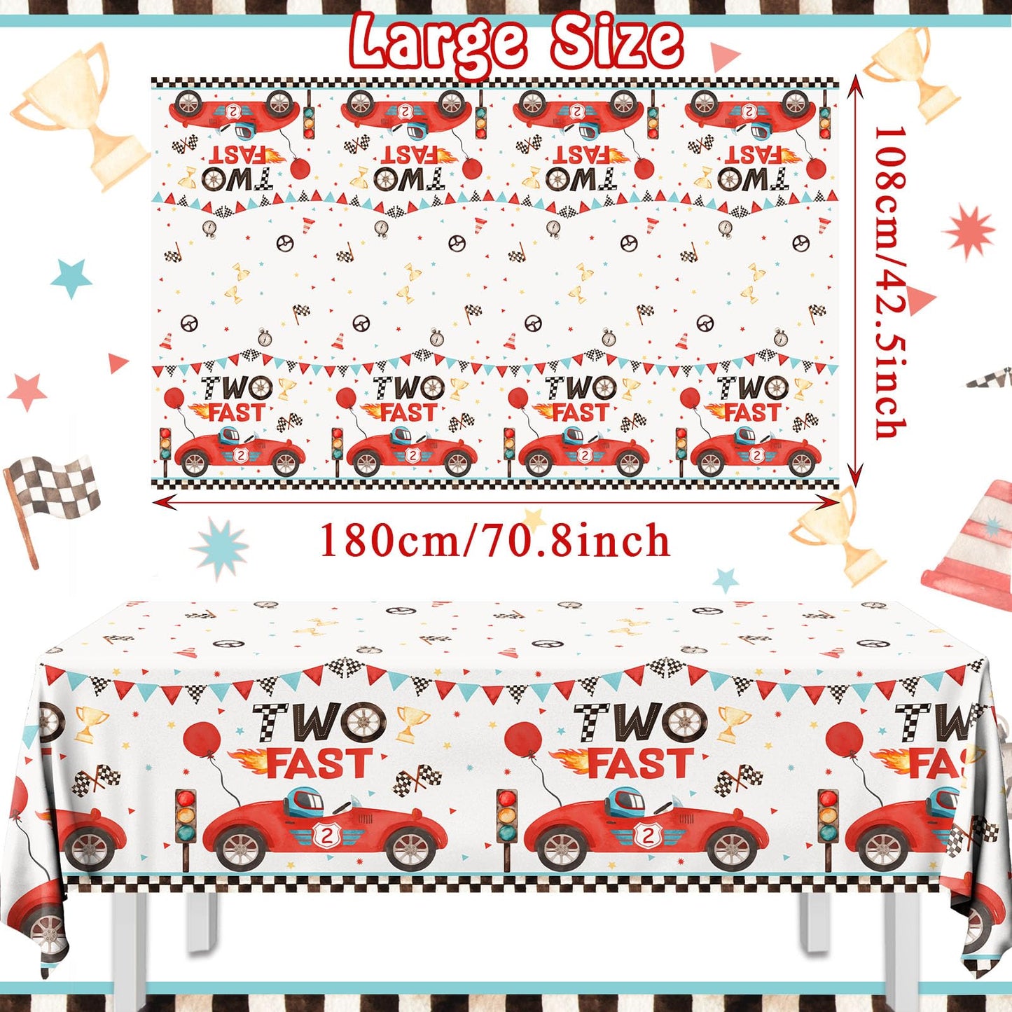 Race Car Two Fast Birthday Tablecloth, 3Pcs Race Car 2nd Birthday Party Supplies Plastic Rectangular Racing Car Table Cover for