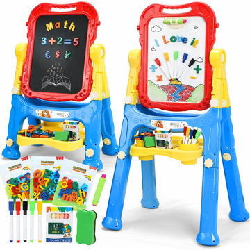 Steam Life Large Art Easel For Kids, Double-Sided 4In1 Toddler Easel With Rotable Magnetic Chalkboard & White Drawing Board, Height Adjustable With Magnetic Letters & Numbers Gifts For Boys And Girls