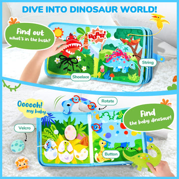 Joycat Toddler Dinosaur Busy Book, Busy Board For 2 3 4 5Year Old -Travel Toy Quiet Activity Book, Life Skills & Fun Games - Autism Sensory Toy, Toddler Easter Basket Stuffers Gifts