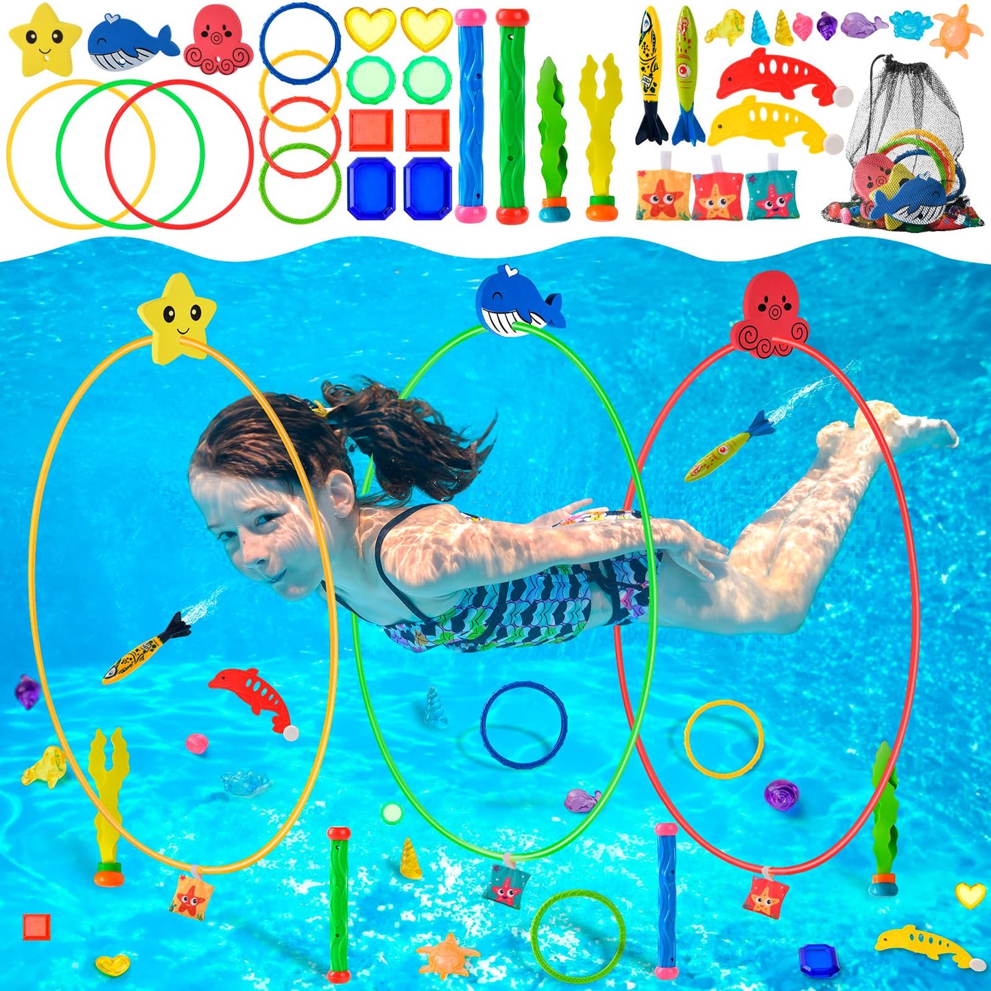 Anytin Pool Rings Diving Toys - 38Pcs Swimming Thru Pool Diving Game Toys,Pool Toys Or Kids Ages 4-8-12,With Diving Rings,Diving