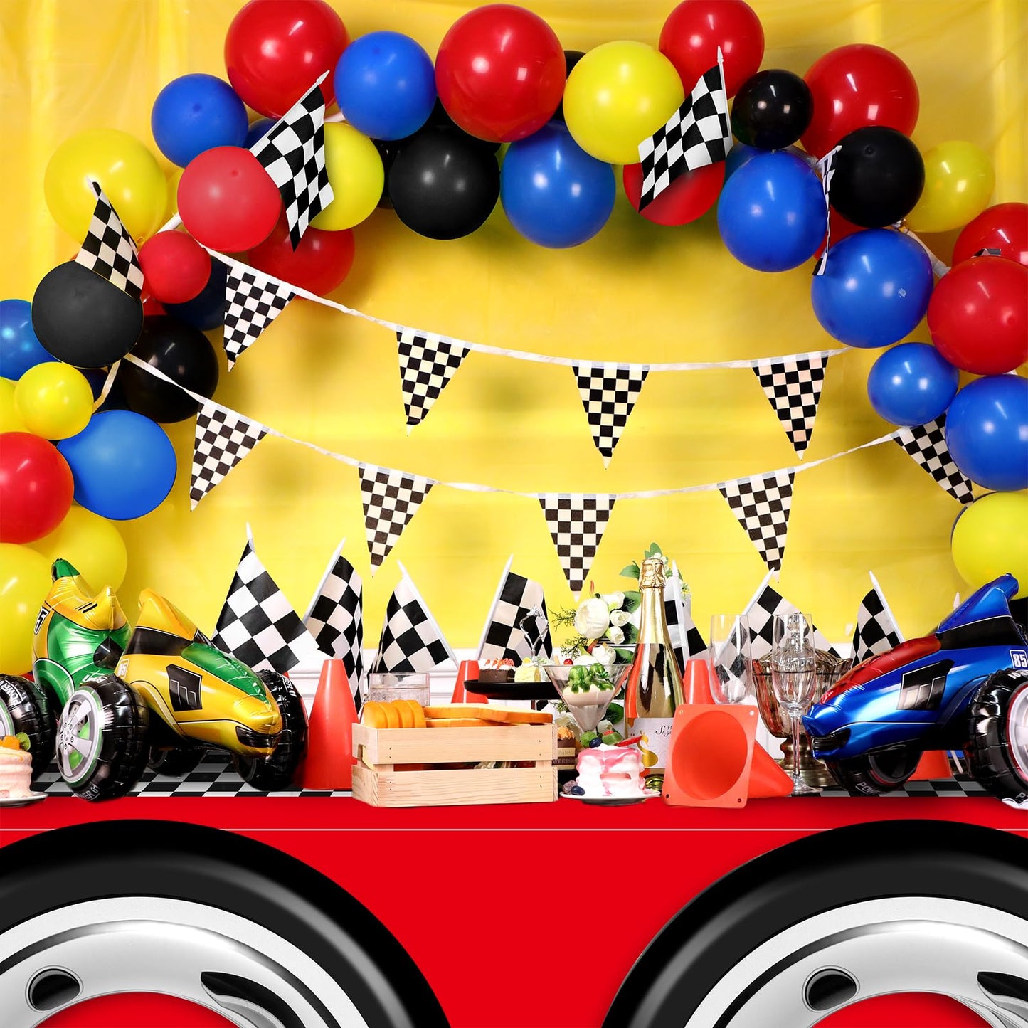 Remagr 24 Pieces Race Car Party Supplies Include Traffic Cones Checkered Flag Race Flags Checkered Tablecloth Race Track Running