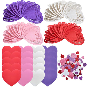 mufanyu 200 Pcs Valentines Day Crafts Gifts Set with 100 Heart Doilies, 20 Foam Hearts, 2 Bags Valentine Foam Stickers, DIY Craf