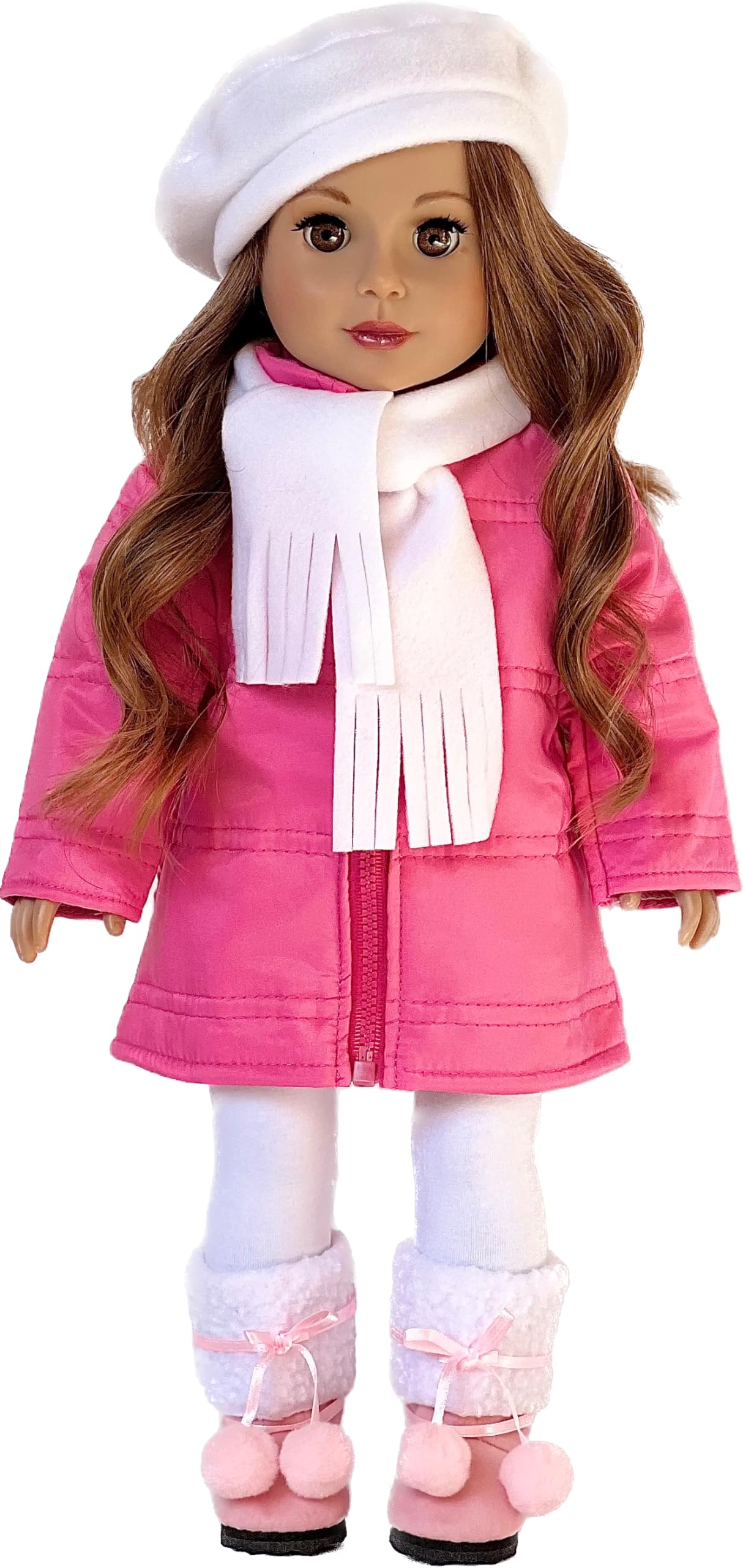 Dreamworld Collections Parisian Adventure - 5 Piece Outfit - Pink Coat, White Beret, Scarf, Leggings And Pink Boots - Clothes Fi