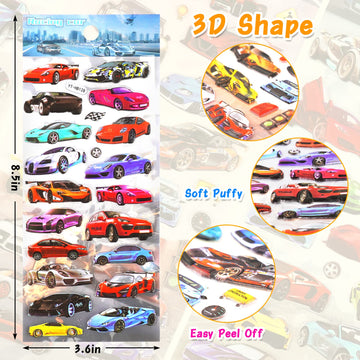 Shangrla Race Car Stickers For Kids Boys 3D Puffy Racecar Stickers For Toddlers, Puffer Bubble Racing Sticker, Reusable Cool Puff Sports Car Sticker, Party Favors 4 Sheet.