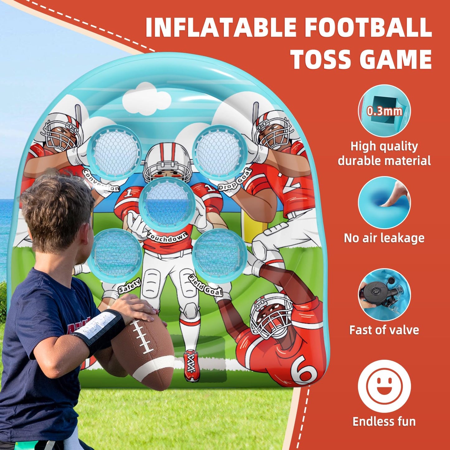 Funast Inflatable Football Target Toss Game - 6FT PVC Blue Indoor/Outdoor Fun for Kids, Party & Tailgate Activities