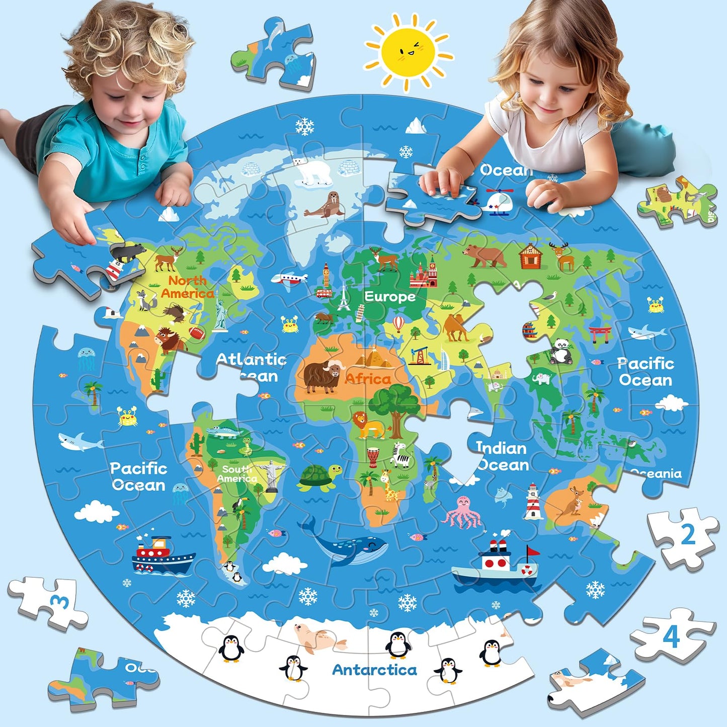 72 Piece World Map Jigsaw Puzzle For Kids 3-5, 4-6 Globe Round Floor Puzzles Geography Educational Birthday Gifts Learning Resou