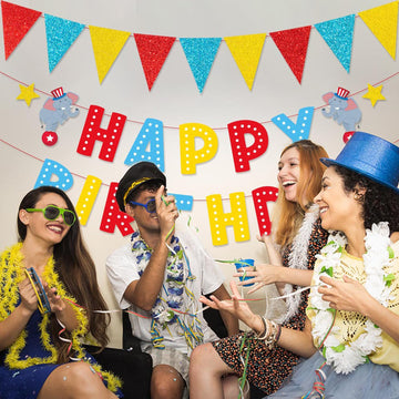 Zwiebeco Birthday Party Decoration Supplies Red Blue Yellow Happy Birthday Sign Banner Triangle Flags Pennant Banner Hanging Pap