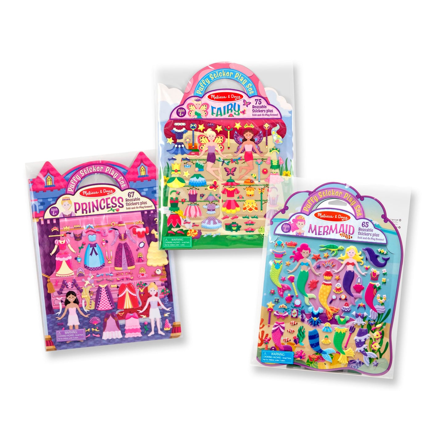 Melissa & Doug Puffy Sticker Activity Books Set: Princess, Mermaid, Fairy - 180+ Reusable Stickers - Reusable Dress Up Doll Stic