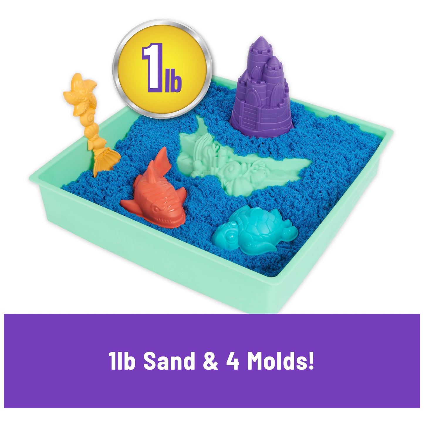 Kinetic Sand Sandbox Set, 1lb Blue Play Sand, Sandbox Storage, 4 Molds and Tools, Sensory Toys for Kids Ages 3+