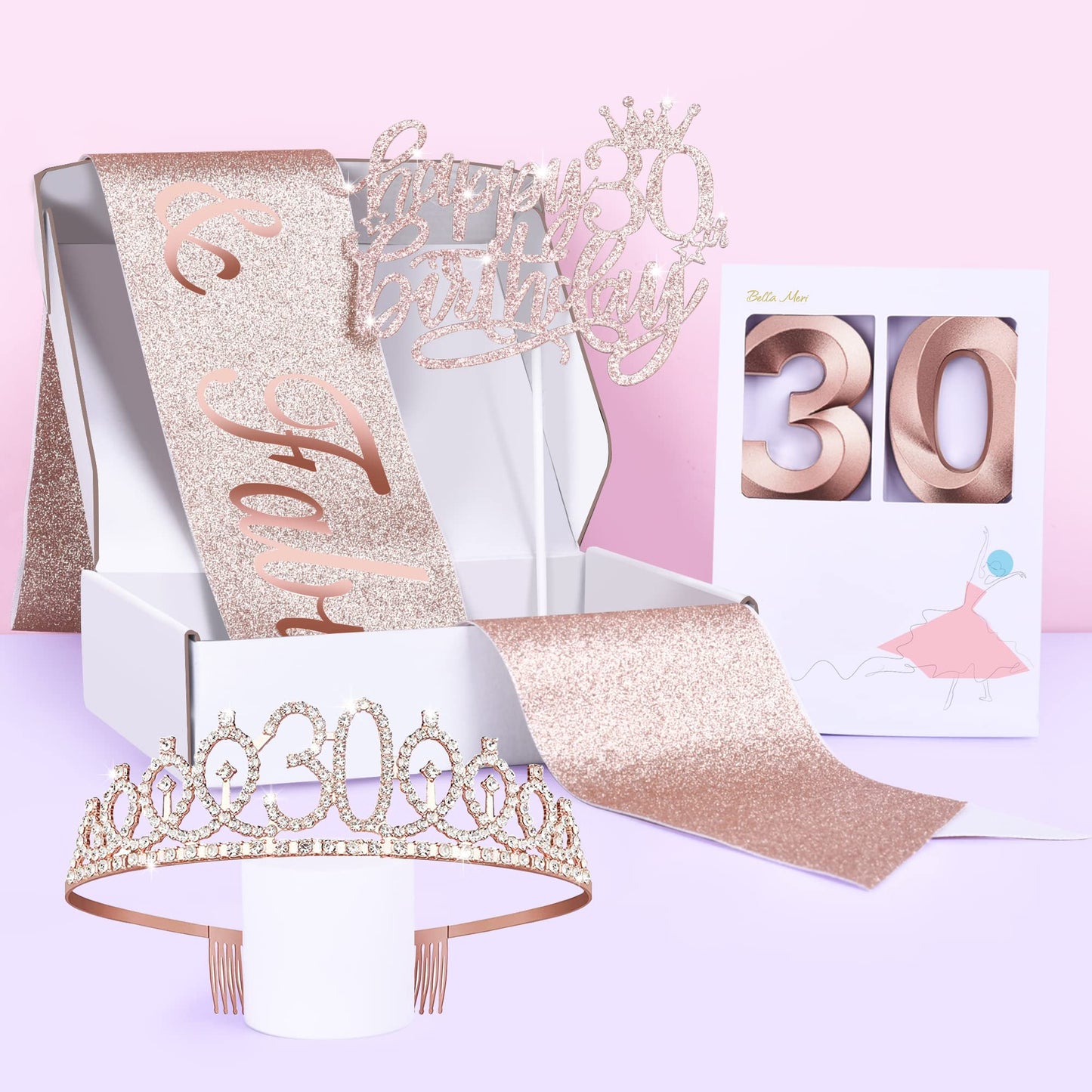 Bella Meri 30th Birthday Gifts for Women, 30th Birthday Tiara Crown, Sash, Cake Toppers,Birthday Candles, 30 Birthday Decoration