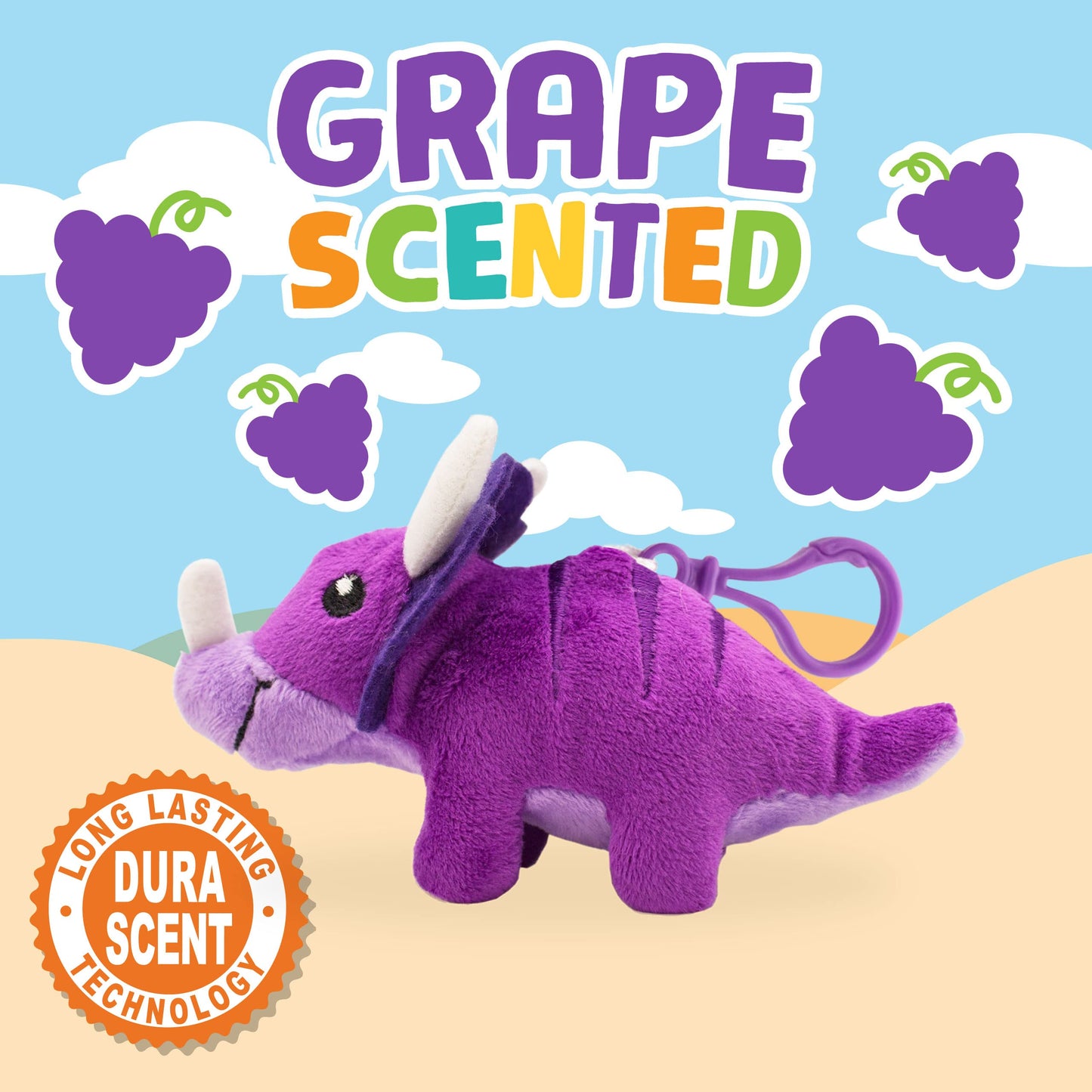 Scentco Dino Dudes Backpack Buddies - Patented Gourmet Scented Plush Toy Dinosaur Clips - Triceratops (Grape) - Stocking Stuffer