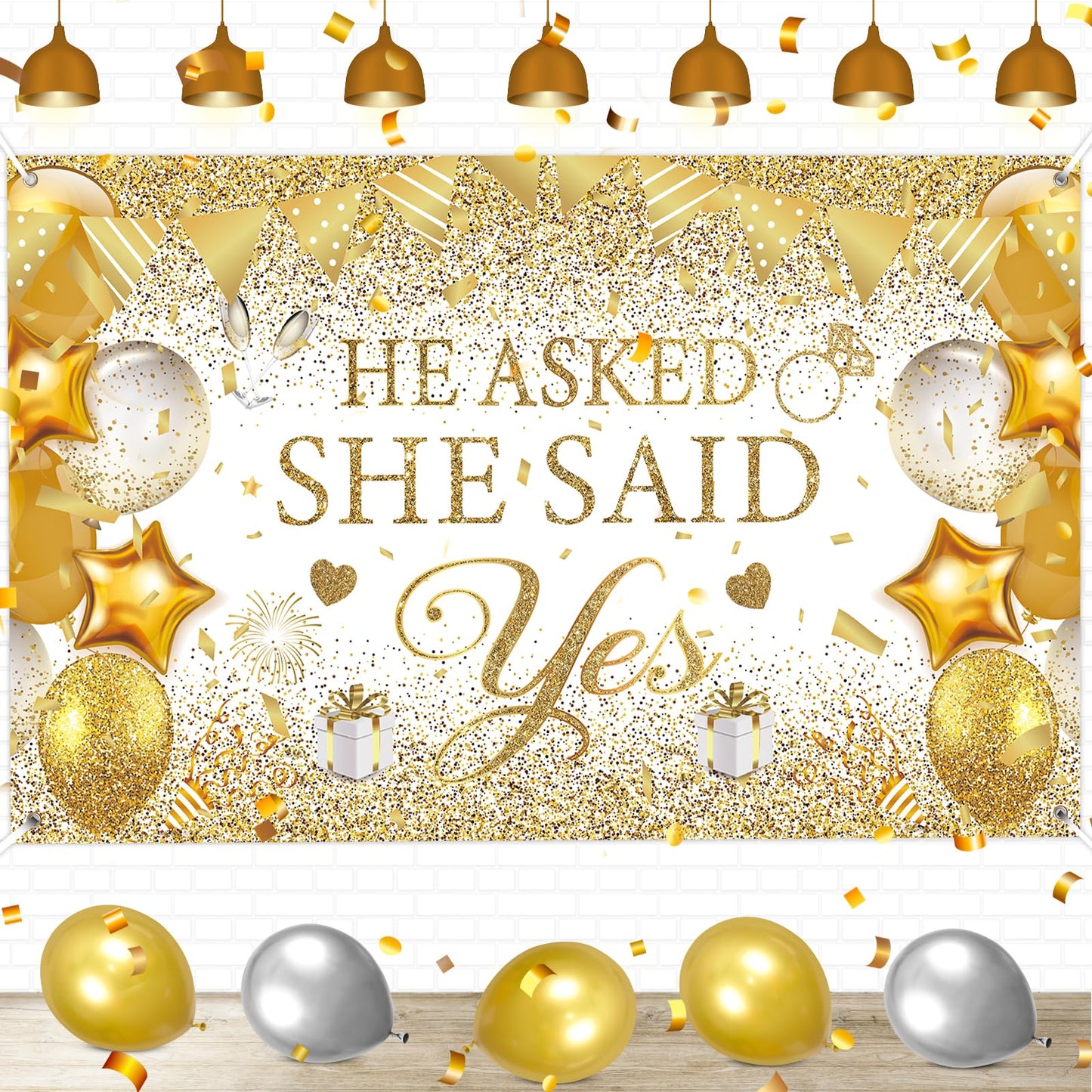Gold Engagement Party Decorations White Gold Engagement Banner Backdrop He Asked She Said Yes Banner Decorations Wedding Banner 