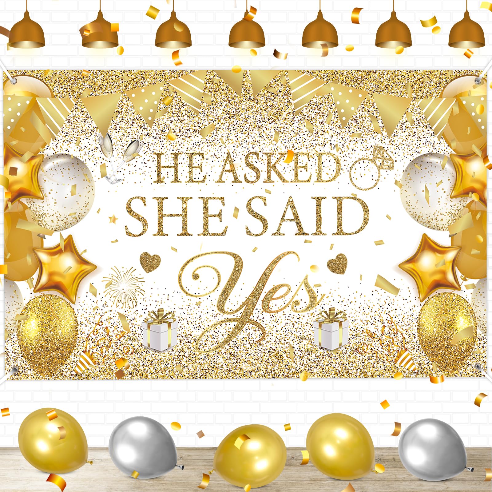 Gold Engagement Party Decorations White Gold Engagement Banner Backdrop He Asked She Said Yes Banner Decorations Wedding Banner 