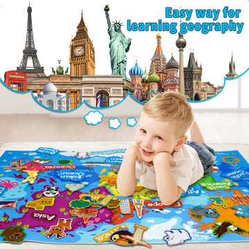 Taika World Felt Set, Felt World Map with World Famous Sights, Educational Play Mat Flannel Board Set, 43x28 inch Preschool Lear