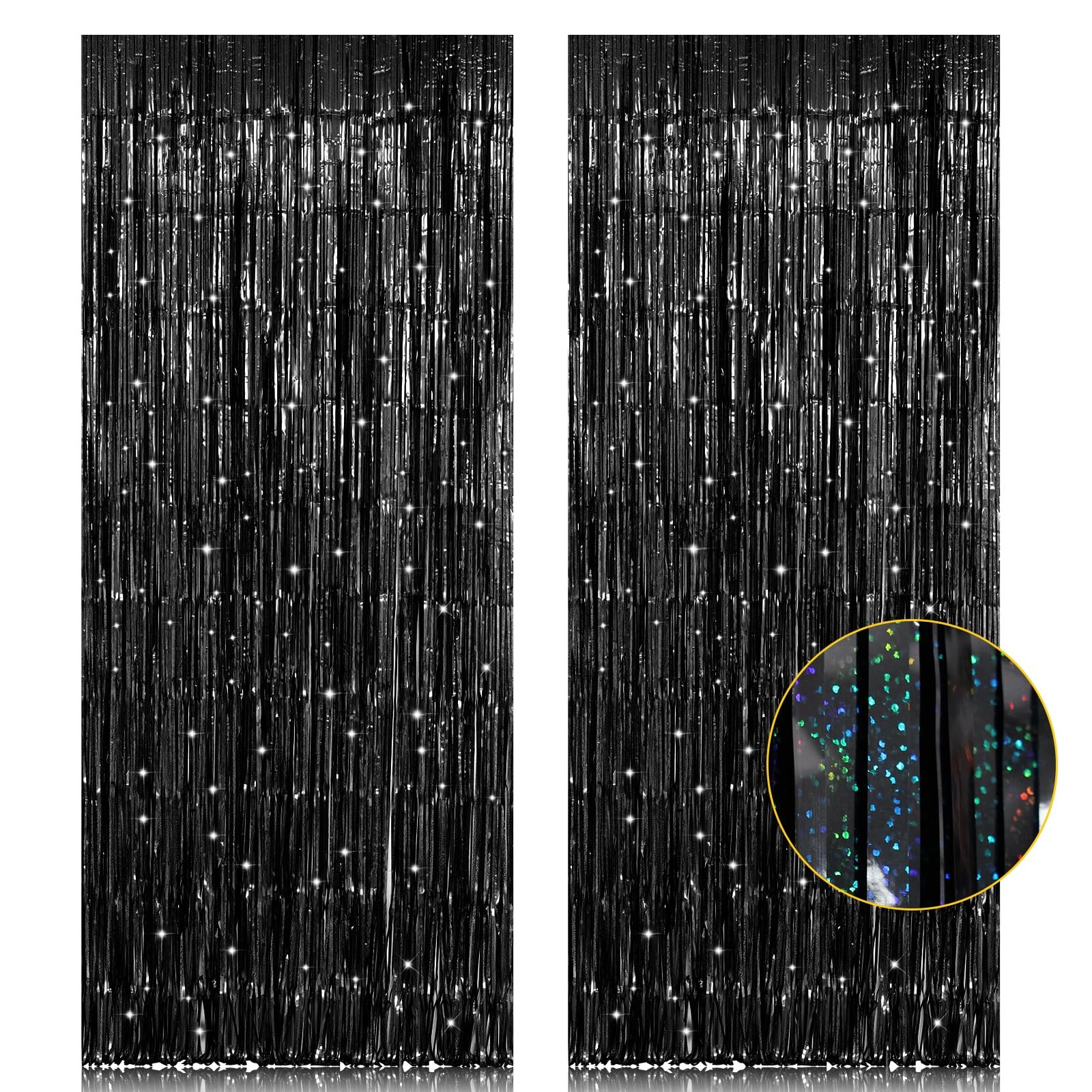 2 Pack 3.2ft x 8.2ft Black Tinsel Foil Fringe Curtain, Sparkle Metallic Foil Backdrop for Party Photo Booth Props New Years Eve 