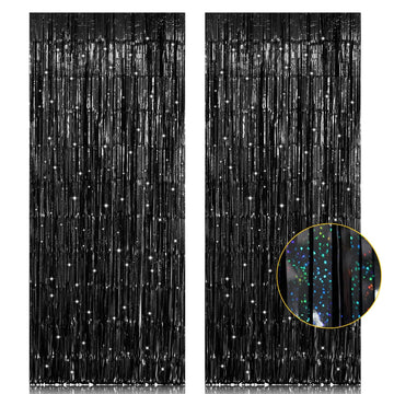 2 Pack 3.2ft x 8.2ft Black Tinsel Foil Fringe Curtain, Sparkle Metallic Foil Backdrop for Party Photo Booth Props New Years Eve 