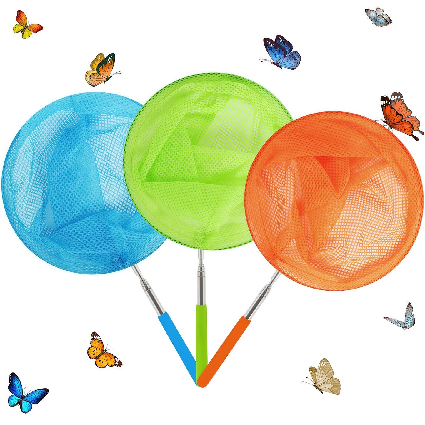 Skrtuan Kids Telescopic Butterfly Fishing Nets Great For Catching Insect Net Perfect Outdoor Tools For Catching Bugs Fish Insect Ladybird, Extendable 34 Inches And Anti Slip Grip (3 Pack)