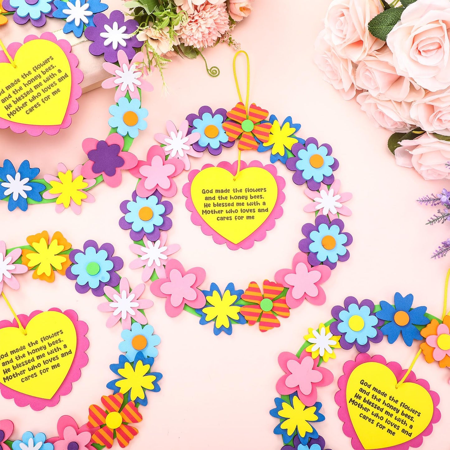 Lunmon 24 Sets Mothers Day Crafts for Kids Mom Bulk Foam Flower Wreath with Flowers Honey Bees and Inspirational Poem DIY Craft
