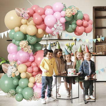 Jobkoo Green And Pink Balloon Arch, 125 Pcs Retro Sage Green Dusty Pink Beige Balloon Garland Kit Olive Green White Apricot Blus
