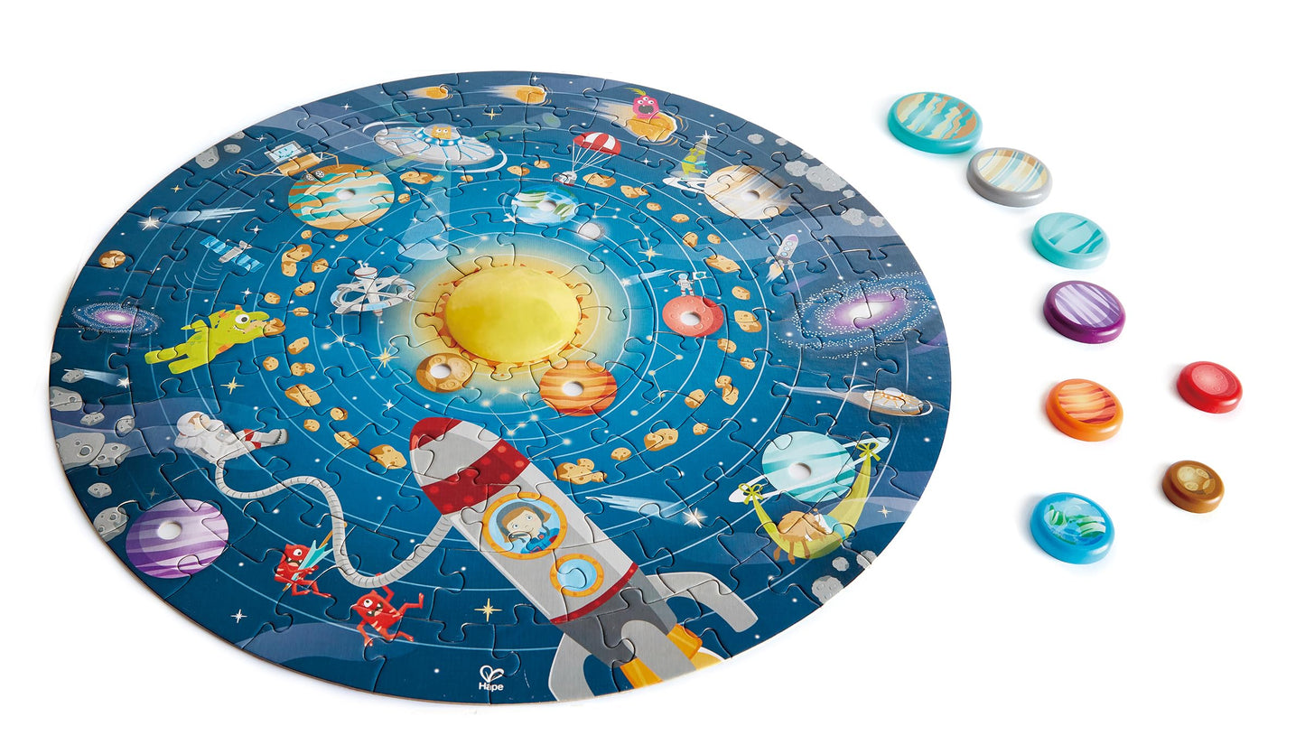 Hape Solar System Puzzle | Round Solar System Puzzle Toy For Kids, Exploratory Skills, Solid Wood Pieces And A Glowing Led Sun L